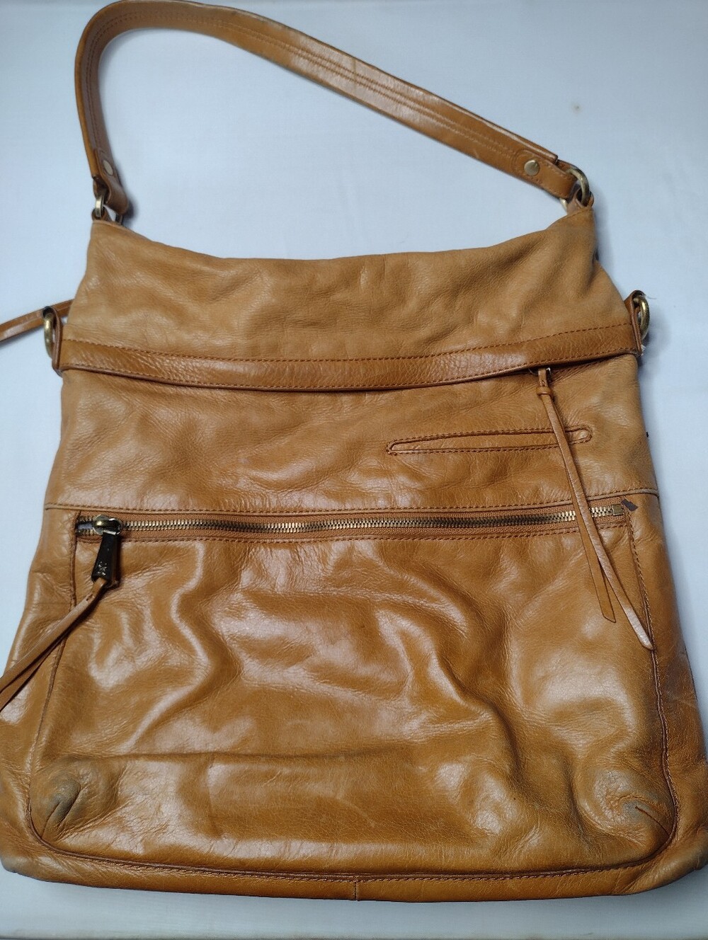 Hobo Liberty Tan Camel Leather Shoulder Bag Tote Purse Tassels Distressed NN
